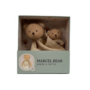 Set cadou pentru bebeluși cu doudou și zornăitoare din lemn, ursulețul Marcel, Egmont Toys