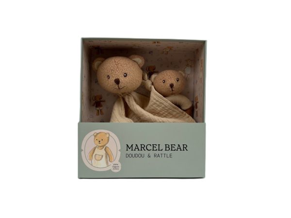 Set cadou pentru bebeluși cu doudou și zornăitoare din lemn, ursulețul Marcel, Egmont Toys