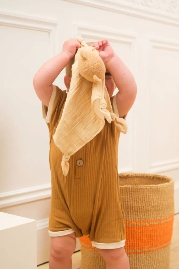 Set cadou pentru bebeluși cu doudou și zornăitoare din lemn, ursulețul Marcel, Egmont Toys