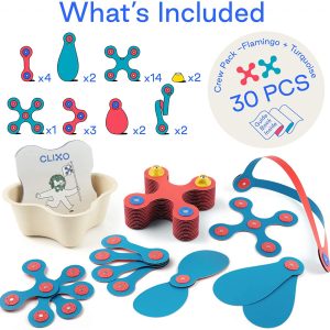 Set Clixo de construit cu magneți, 30 de piese flexibile Flamingo și Turquoise, Clicstoys