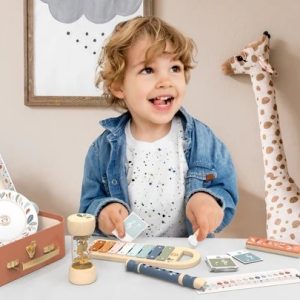 Set de 5 instrumente muzicale din lemn, cu xilofon și tamburină, în valiză, Speedy Monkey
