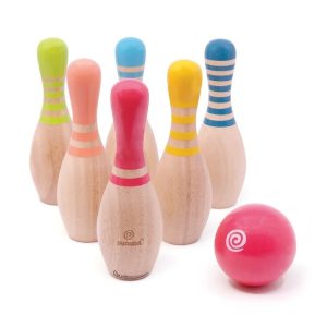 Set de bowling din lemn cu 6 popice și bilă, în săculeț textil, Svoora