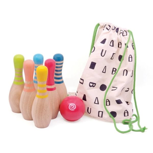 Set de bowling din lemn cu 6 popice și bilă, în săculeț textil, Svoora