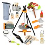 Set de camping din lemn, 45 de piese, cu grătar, lanternă și rucsac, UMU Toys