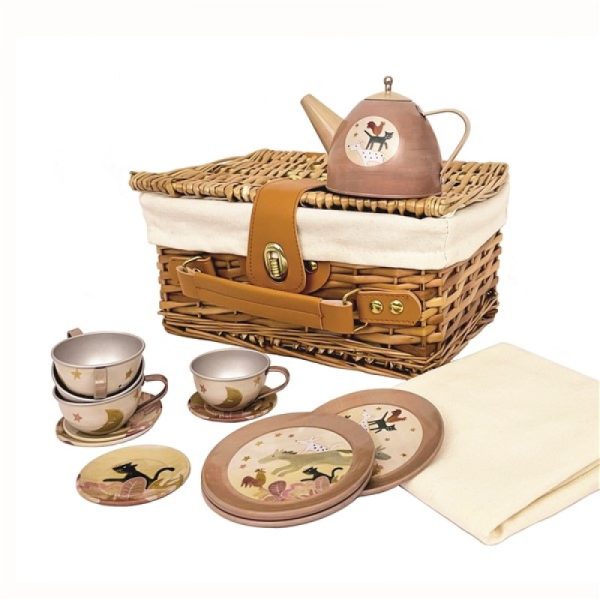 Set de ceai în coș de picnic, cu ceainic, farfurii și ceșcuțe metalice, Egmont Toys