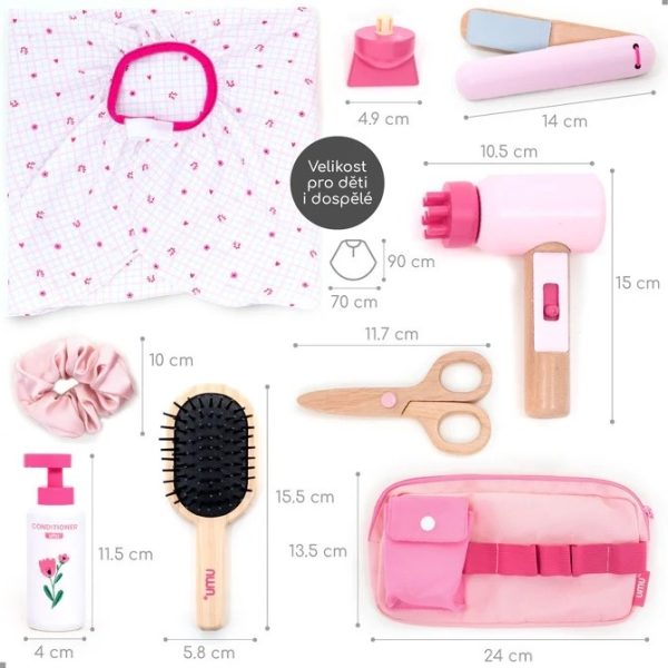 Set de coafor de jucărie din lemn, cu uscător, foarfecă și oglindă, UMU Toys