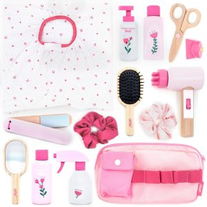 Set de coafor de jucărie din lemn, cu uscător, foarfecă și oglindă, UMU Toys