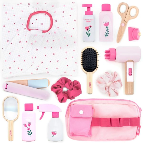 Set de coafor de jucărie din lemn, cu uscător, foarfecă și oglindă, UMU Toys