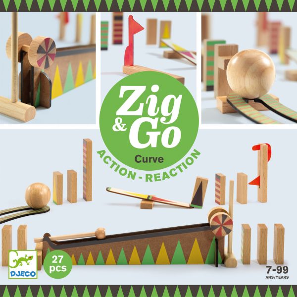 Set de construcție trasee cu reacție în lanț Zig & Go, 27 de piese din lemn, Djeco