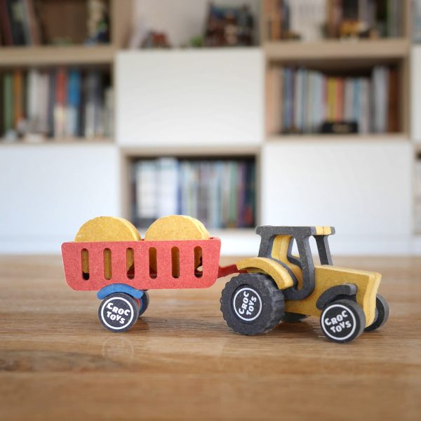 Set de construit fermă cu tractor, din lemn, cu lipici și accesorii, Croc toys