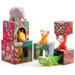 Set de cuburi din carton cu 5 animale din silicon din junglă, Djeco