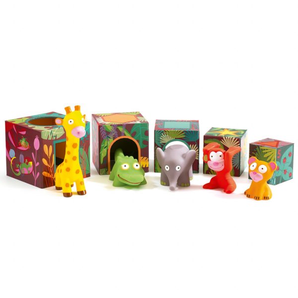 Set de cuburi din carton cu 5 animale din silicon din junglă, Djeco