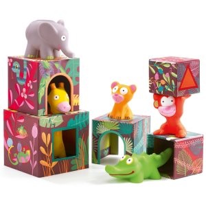 Set de cuburi din carton cu 5 animale din silicon din junglă, Djeco