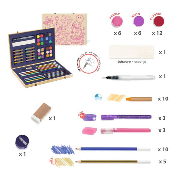 Set de desen și pictură cu 60 de piese, culori neon, sidefate și metalice, Djeco