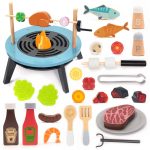 Set de grătar de jucărie din lemn, cu accesorii și alimente, UMU Toys