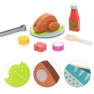 Set de grătar de jucărie din lemn, cu accesorii și alimente, UMU Toys