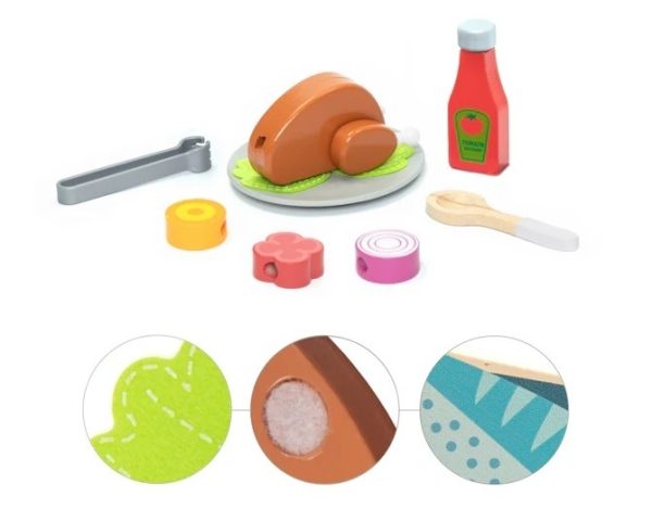 Set de grătar de jucărie din lemn, cu accesorii și alimente, UMU Toys