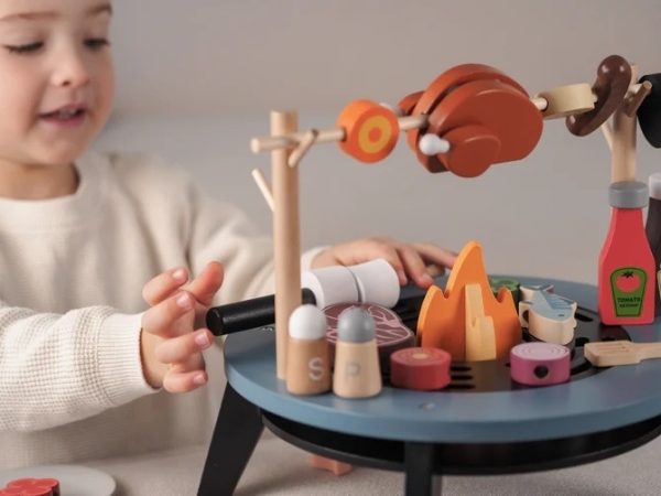 Set de grătar de jucărie din lemn, cu accesorii și alimente, UMU Toys