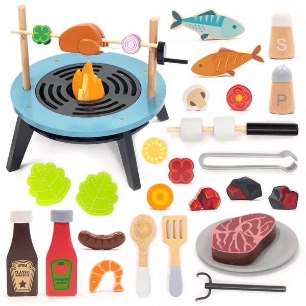 Set de grătar de jucărie din lemn, cu accesorii și alimente, UMU Toys
