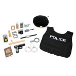 Set de polițist din lemn și textil, cu vestă, beretă și cătușe, 17 accesorii, UMU Toys