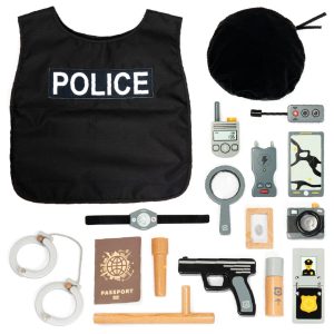 Set de polițist din lemn și textil, cu vestă, beretă și cătușe, 17 accesorii, UMU Toys