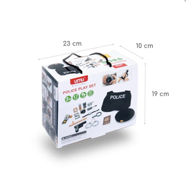 Set de polițist din lemn și textil, cu vestă, beretă și cătușe, 17 accesorii, UMU Toys