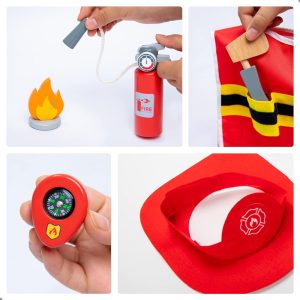 Set de pompier din lemn, cu vestă, șapcă, extinctor și accesorii, UMU Toys