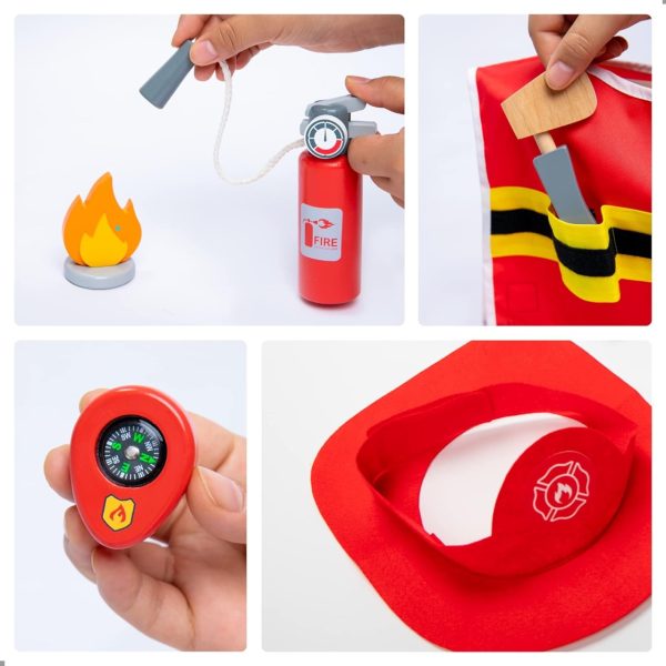 Set de pompier din lemn, cu vestă, șapcă, extinctor și accesorii, UMU Toys