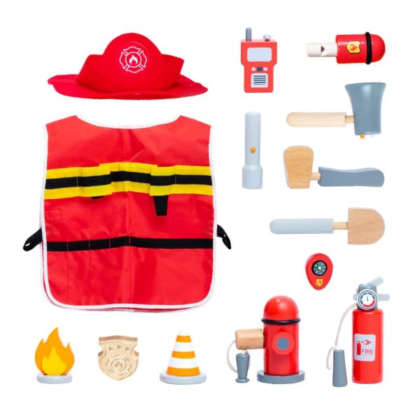 Set de pompier din lemn, cu vestă, șapcă, extinctor și accesorii, UMU Toys
