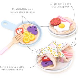Set de preparat clătite din lemn și textil, cu tigaie și toppinguri, 40 de piese, UMU Toys