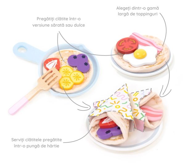 Set de preparat clătite din lemn și textil, cu tigaie și toppinguri, 40 de piese, UMU Toys