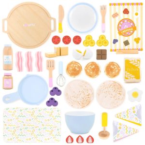 Set de preparat clătite din lemn și textil, cu tigaie și toppinguri, 40 de piese, UMU Toys