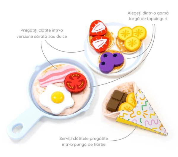 Set de preparat clătite din lemn și textil, cu tigaie și toppinguri, 40 de piese, UMU Toys