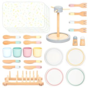 Set de servire a mesei din lemn, 33 de piese: farfurii, tacâmuri, pahare, UMU Toys