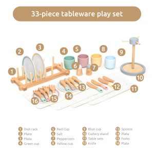 Set de servire a mesei din lemn, 33 de piese: farfurii, tacâmuri, pahare, UMU Toys