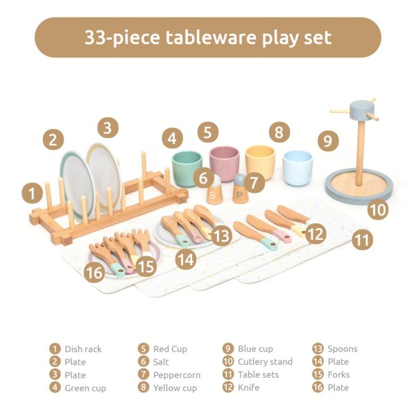 Set de servire a mesei din lemn, 33 de piese: farfurii, tacâmuri, pahare, UMU Toys