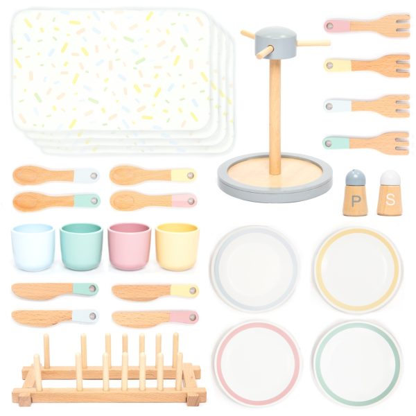 Set de servire a mesei din lemn, 33 de piese: farfurii, tacâmuri, pahare, UMU Toys