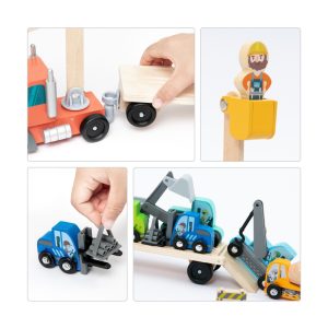 Set de vehicule de construcții din lemn, 14 piese, compatibil cu cale ferată, UMU Toys
