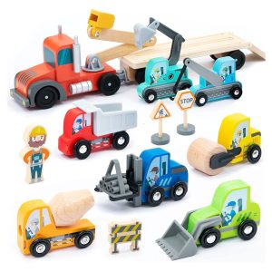 Set de vehicule de construcții din lemn, 14 piese, compatibil cu cale ferată, UMU Toys