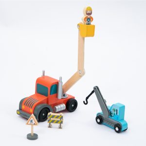 Set de vehicule de construcții din lemn, 14 piese, compatibil cu cale ferată, UMU Toys