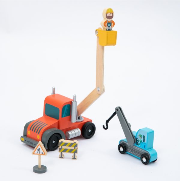 Set de vehicule de construcții din lemn, 14 piese, compatibil cu cale ferată, UMU Toys