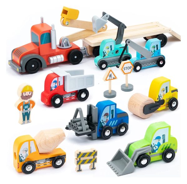 Set de vehicule de construcții din lemn, 14 piese, compatibil cu cale ferată, UMU Toys Set de vehicule de construcții din lemn, 14 piese, compatibil cu cale ferată, UMU Toys