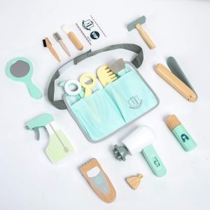 Set La coafor din lemn, 18 piese, cu foarfecă, uscător și oglindă, UMU Toys