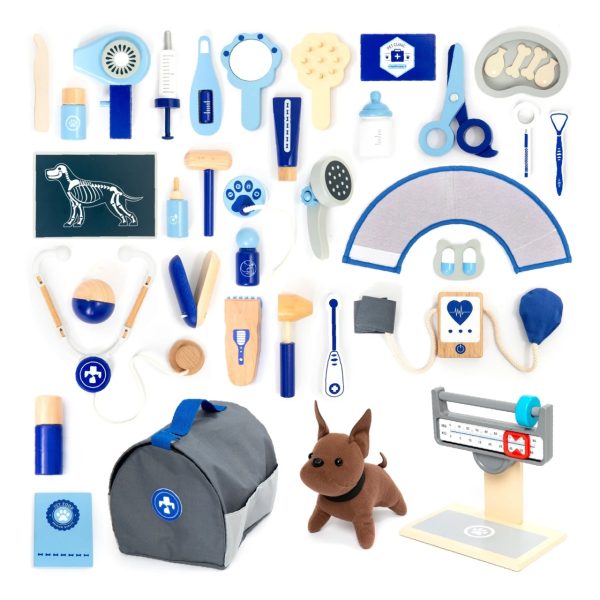 Set La veterinar din lemn cu câine, 37 de piese, geantă de transport, UMU Toys