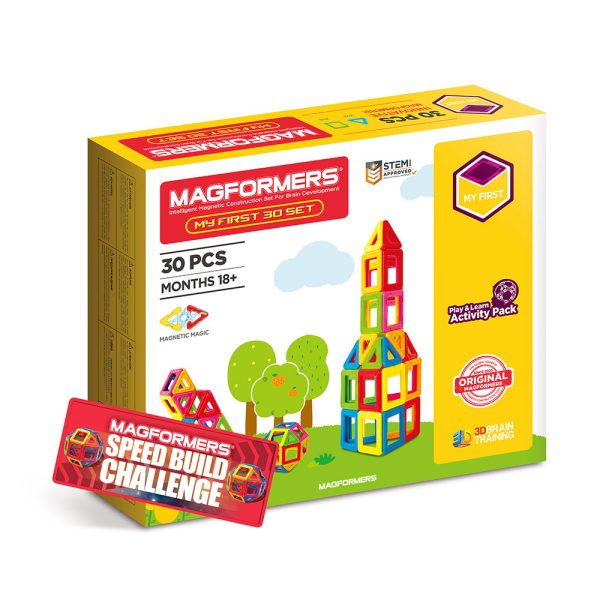 Set magnetic de construcție Magformers cu 30 de piese pătrate și triunghiulare, Clicstoys