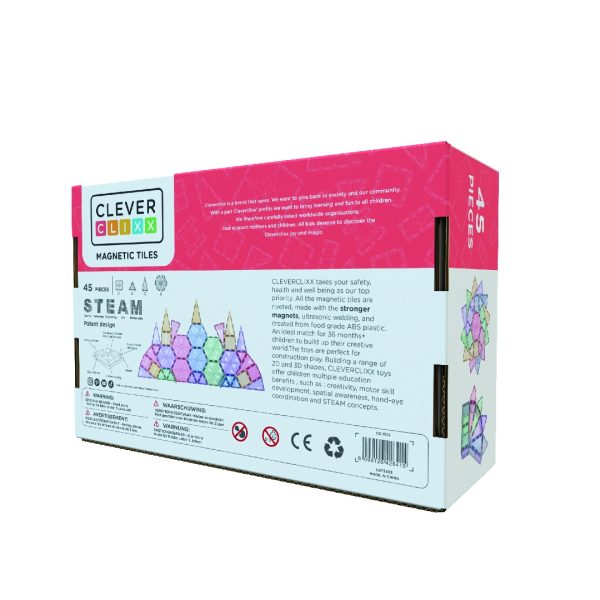 Set magnetic de construcție Pastel Geo, 45 de piese cu forme geometrice, Cleverclixx