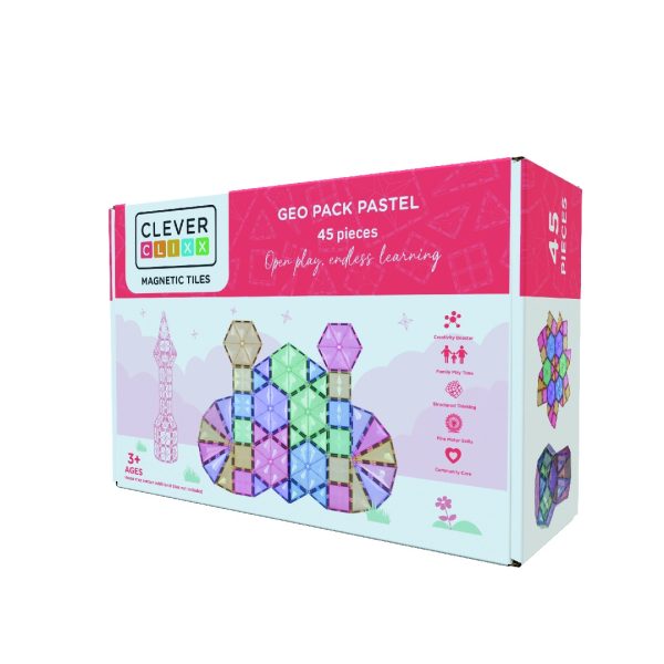 Set magnetic de construcție Pastel Geo, 45 de piese cu forme geometrice, Cleverclixx