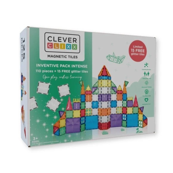 Set magnetic de construit cu 125 de piese, cu bonus piese glitter, Cleverclixx