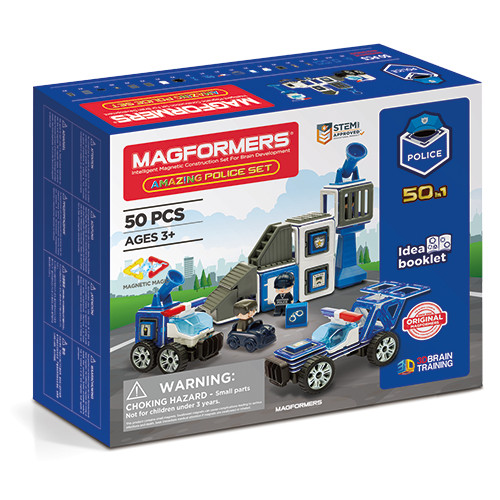 Set magnetic Magformers cu tema poliției, piese pătrate și triunghiulare, Clicstoys