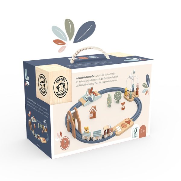 Set trenuleț din lemn cu șine, poduri și activități multiple, Speedy Monkey